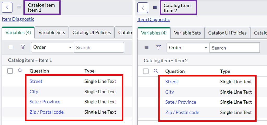 Re-creating the same variables for different Catalog Items