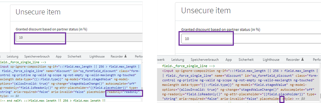 Field can be edited after manipulating the read-only property in the DOM