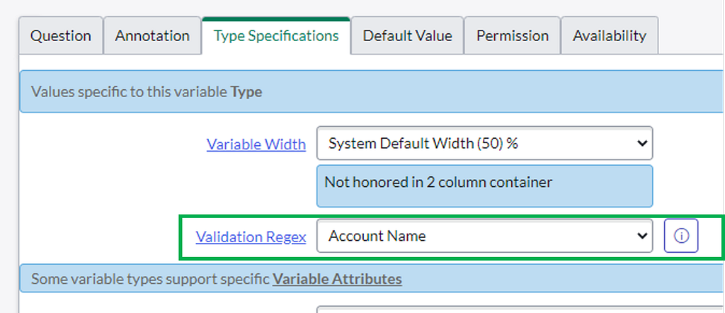The RegEx is selected on the corresponding Catalog variable